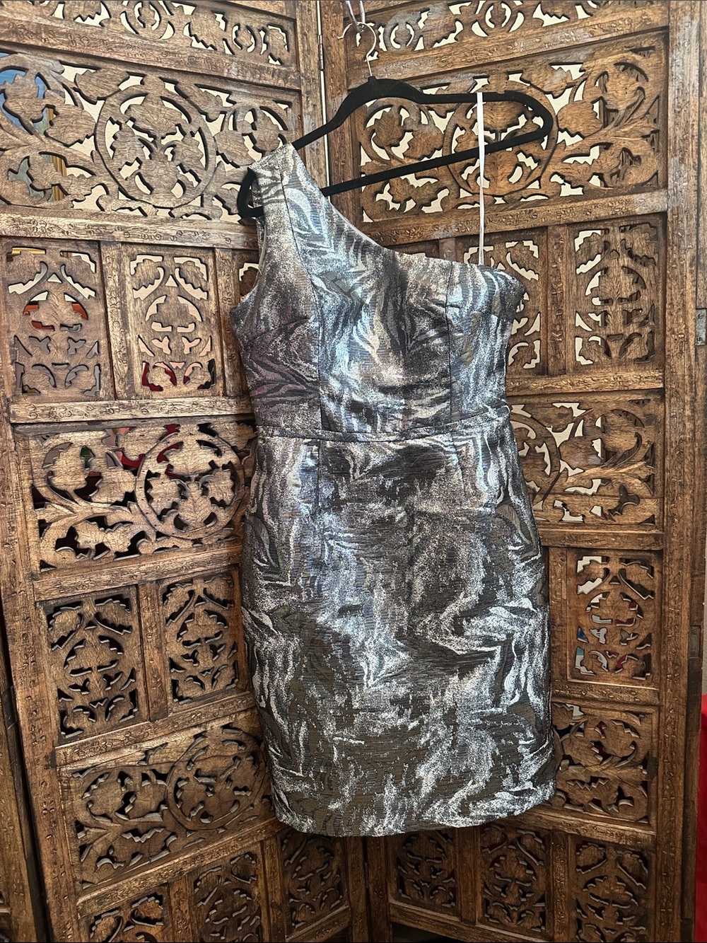 Calvin Klein One-Shoulder Metallic Silver and Black Cocktail Dress